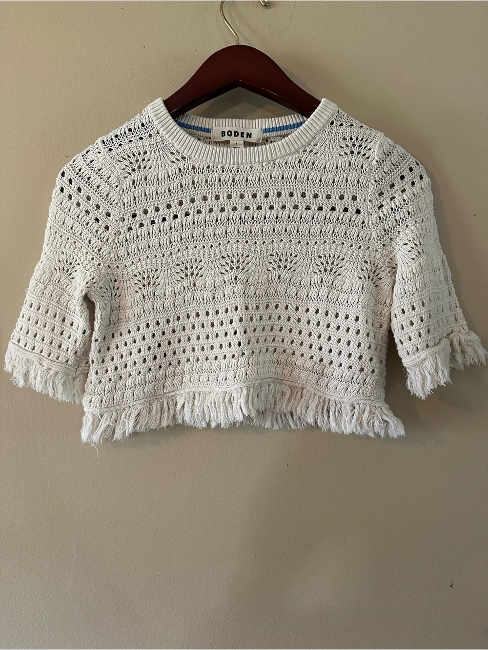 Boden Cream Crochet Fringe Cropped Sweater Top, Sz S